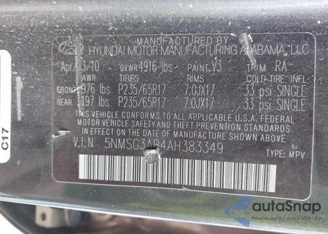 2010 Hyundai Santa Fe Gls из США, поврежденный, VIN 5NMSG3AB4AH383349